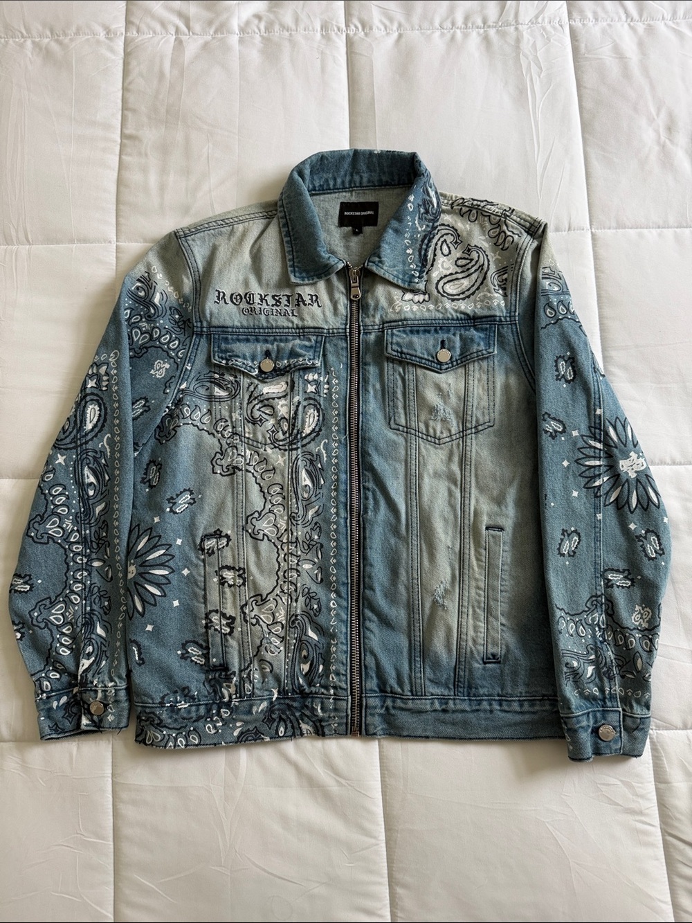 Rockstar Original Blue Bandana-Print Denim Jacket Size L